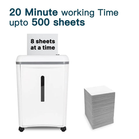 Super Micro Cut P5 Paper Shredder Crushes Eight Sheet Stacks Plastic Cards And Metal Staples As A No Fuss Daily Driver Delivering High Security While Running Quiet Just 54 Decibels For Your Home Office Setup In White with paper stack shown beside.