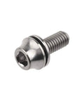 Close-up of a single Titanium M5x12mm Bottle Cage Bolt With Washer, Grade 5 6Al-4V, hex head design for bike water bottle holder.
