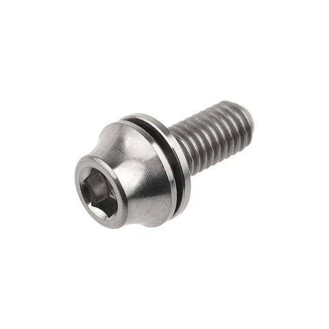 Close-up of a single Titanium M5x12mm Bottle Cage Bolt With Washer, Grade 5 6Al-4V, hex head design for bike water bottle holder.