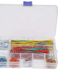 Complete Breadboard Jumper Wire Kit With 560 Piece Solderless Cables In Multicolored Assorted Lengths Plus Sturdy Storage Box open with assorted colored wires.
