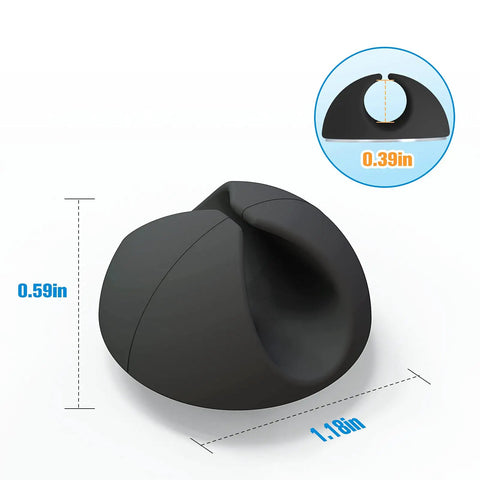 Black adhesive cable clip shown from a side angle, measuring 1.18 inches by 0.59 inches. Features 12 Pack Adhesive Cable Clips For Desk Home Office And Car Cord Management Wire Holder Clips To Keep Cords Neat And Tidy Dirt Resistant Acrylic Pads For Long Lasting Use.