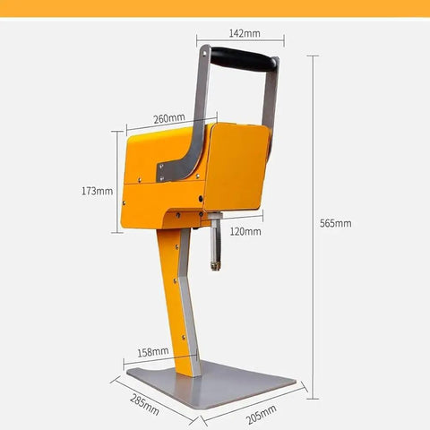 Effortless Whole Fruit Citrus Juicer Press Featuring Smart 3 Leaf Tech. Yellow metal design with dimensions for kitchen or bar setup.