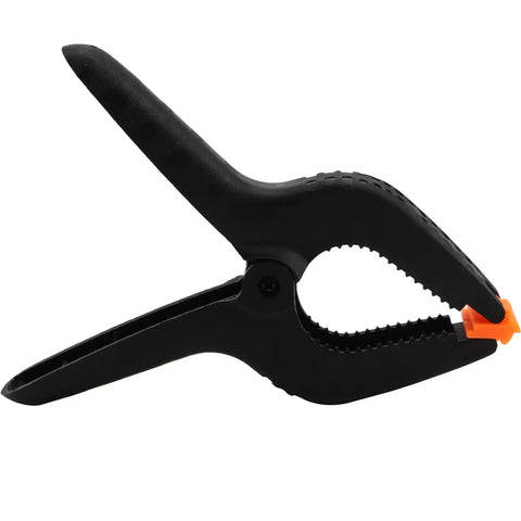 Six Pack 9 Inch Hefty Spring Clamps Made From Tough Nylon With Cushioned Jaw Tips engineered for quick swaps, shown from the side.