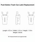 Diagram of Replacement Push Button Trash Can Latch Kit showing dimensions, crafted in durable PP plastic for kitchen and bathroom bins.