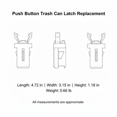 Diagram of Replacement Push Button Trash Can Latch Kit showing dimensions, crafted in durable PP plastic for kitchen and bathroom bins.