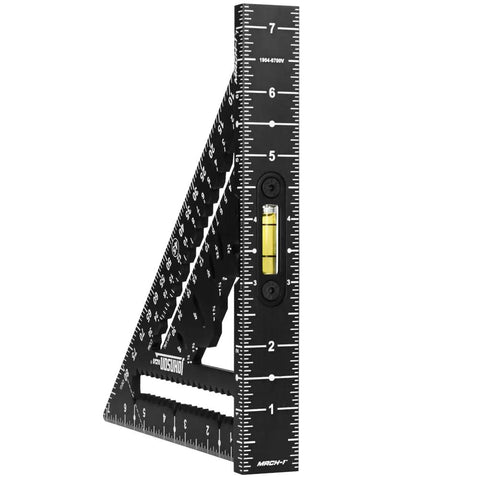 Side view of MACH-1 Smart Mark Rafter Square with level vial, showing clear markings for accurate layouts, 7-1/4 inch size.