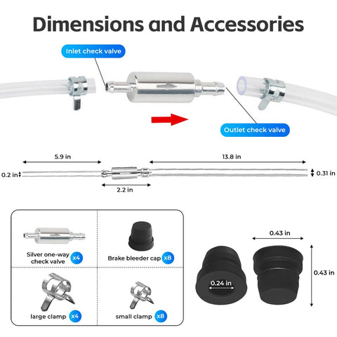 Dimensions and components of 4 Pack Brake Bleeder Hose Kit With One Way Valve For Motorcycle Car Truck ATV And Clutch Bleeding Tool