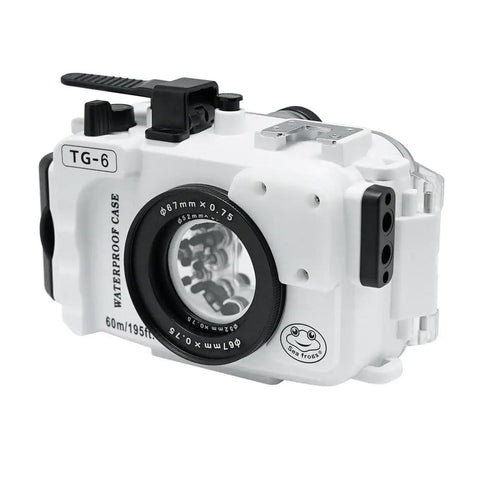 Underwater Housing For Olympus TG-6 Camera 60M Waterproof Case With Full Button Access shown in white with a 67mm red filter mount
