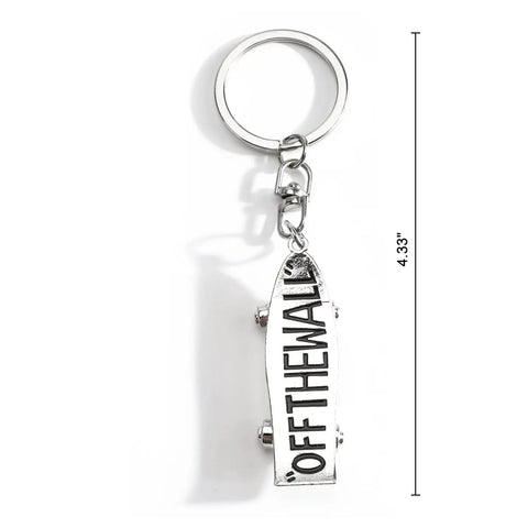 Skateboard Keychain Accessory Realistic Metal Deck Pendant For Men And Women with 'Off The Wall' text, 4.33 inches long.