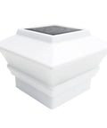 Close-up of 18 Pack White Solar LED Post Cap Light, weatherproof, fits 4x4 outdoor posts and decks, featuring dusk to dawn sensor.