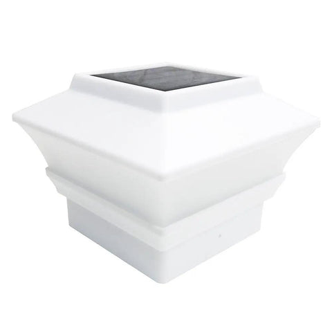 Close-up of 18 Pack White Solar LED Post Cap Light, weatherproof, fits 4x4 outdoor posts and decks, featuring dusk to dawn sensor.
