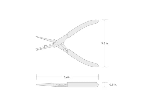 Diagram showing dimensions of Pocket Sized Mini Needle Nose Pliers With Serrated Jaw For Precision Grips Long Tapered Nose Crosscut Teeth