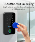 Waterproof Fingerprint Access System With App Bluetooth Unlock All In One Door Lock No Brainer Access NFC RFID Card Reader Password And Keypad 13 56MHz Cards Included Ten Keychains Industrial IP67 Security Solution, showing a hand using blue RFID card on keypad next to window.