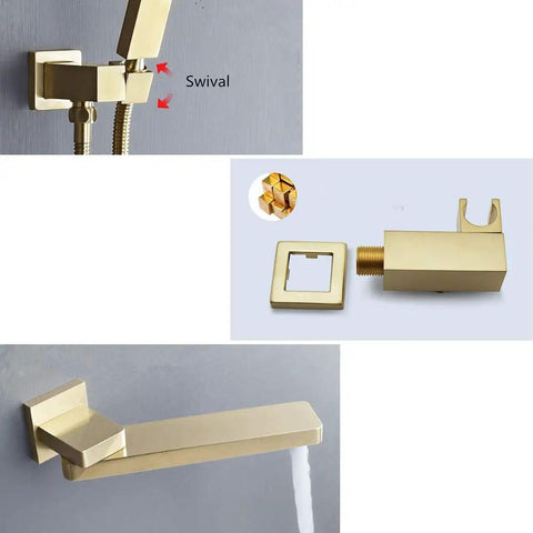 Brushed Gold Wall Mounted Shower System With Large Rainfall Head And Detachable Handheld Super Smooth Pressure Flow Instant Temperature Control Total Bathroom Glow Up Built Like A Tank For Everyday Luxury swivel connector and shower outlet for easy use.