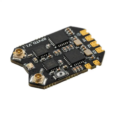 Close-up of RadioMaster RP4TD ELRS Diversity FPV Receiver 2.4GHz ExpressLRS Nano RX Module, showing circuit details and UFL connectors.