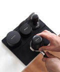 58mm Espresso Dosing Cup For Single Doses, Nonstick 304 Stainless Steel Tall Version, shown in use with portafilter
