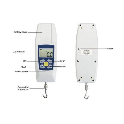 Compact Push And Pull Tester Meter For Tension And Compression Testing With Real Time Peak And First Peak Modes, Four Unit Options N Kg Lb Oz, Pro Grade Precision And High Resolution, Acceleration Setting For Accurate Measurements, front and back views