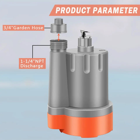 Diagram of 2000 GPH Submersible Water Pump For Quick Drainage, showing 3/4" garden hose and 1-1/4" NPT discharge fittings.