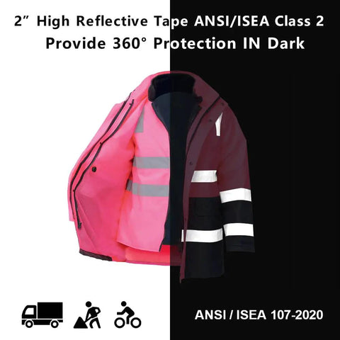 High Visibility 6 In 1 Reflective Oxford Jacket Parka Insulated ANSI Class 3 Construction Workwear contrasting pink and black
