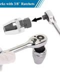 Heavy Duty Damaged Bolt And Stud Extractor Tool with 3/8 inch drive, shown with ratchet wrench, chrome finish