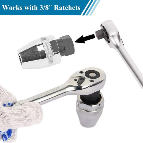Heavy Duty Damaged Bolt And Stud Extractor Tool with 3/8 inch drive, shown with ratchet wrench, chrome finish