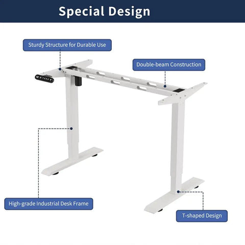 Electric Standing Desk with Solid Steel Frame And Smooth Height Adjustment For Home Office Gaming Setup That Rocks A Sleak Oak Finish To Keep Your Workspace Epic And Stable As Heck. showing sturdy double-beam construction.