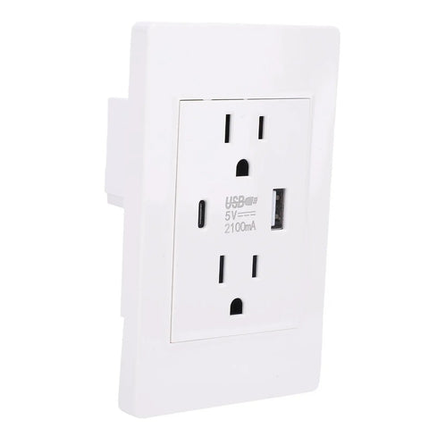 Built Tough Wall Outlet With USB And Type C Fast Charge Ports, 15 Amp Surge Guard Electrical Socket For Home And Office, No Fuss Install Anti Overload Us Power Receptacle in white finish.