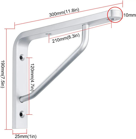 Two Piece Solid Aluminum Alloy Corner Shelf Brackets Rock Solid Wall Mount Support With Matching Screw Kit And Slick Rounded Edges, showing dimensions.