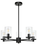 Bold Black Five Light Adjustable Pendant Chandelier With Glass Shades For Dining Rooms And Kitchens, Slick Modern Matte Finish, Model XB-C1240-5-MB