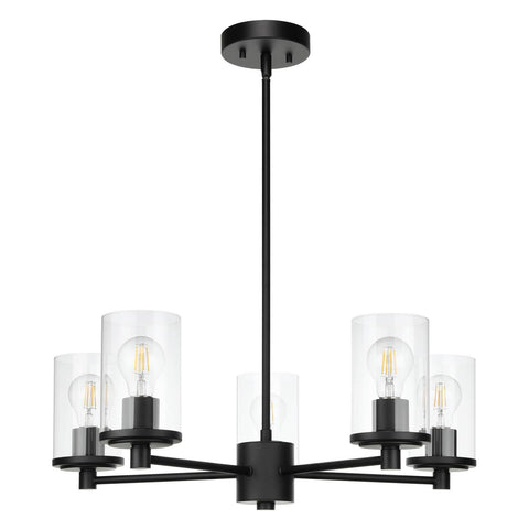Bold Black Five Light Adjustable Pendant Chandelier With Glass Shades For Dining Rooms And Kitchens, Slick Modern Matte Finish, Model XB-C1240-5-MB