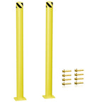Knockout Yellow Steel Bollard Post Forty Eight Inches Tall Five Point Five Inch Diameter Pipe with black-striped tops and anchor bolts.