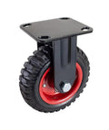 6 Inch Fixed Plate Caster Wheels With Rugged Rubber Knobby Tread For Workbenches Dollies Carts Trolleys Wagons And Toolboxes Heavy Duty Red Rimmed Steel Hub For Garages Workshops Farms And Outdoor Projects