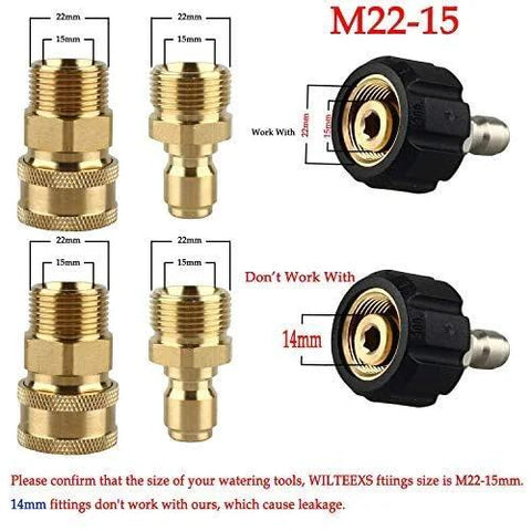 Brass pressure washer adapter set with M22-15mm male fittings and 3/8in quick-connects for 5000 PSI
