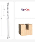 Five Piece Spiral Upcut Router Bit Set With One Eighth Inch Cutting Diameter And One Quarter Inch Shank For Woodworking And CNC Projects, Solid Carbide Bits With One Inch Cutting Length And Three Inch Overall Length For Clean Plunges And Grooves shown with dimensions and wood cutting example