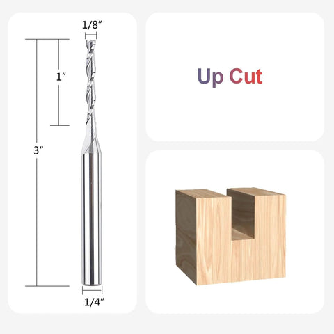 Five Piece Spiral Upcut Router Bit Set With One Eighth Inch Cutting Diameter And One Quarter Inch Shank For Woodworking And CNC Projects, Solid Carbide Bits With One Inch Cutting Length And Three Inch Overall Length For Clean Plunges And Grooves shown with dimensions and wood cutting example