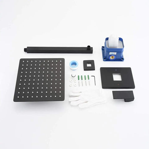 Bangin 10 Inch Square Rainfall Shower Head Trim Kit with Rough-In Valve, 304 Stainless Steel, Matte Black Finish parts displayed