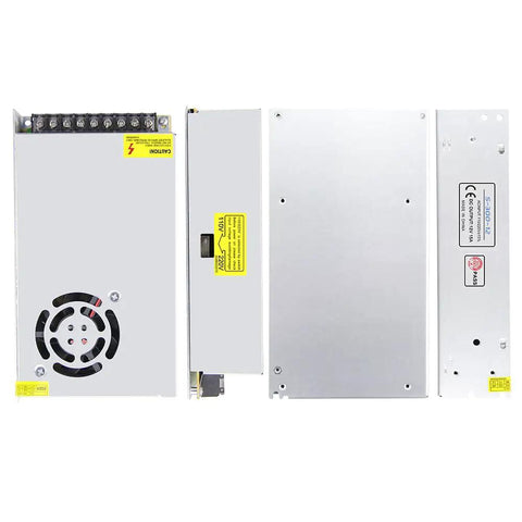 Beefy 12V Power Supply 25A 300W Universal Switching Adapter with 3 output channels and overload protection, front and side views