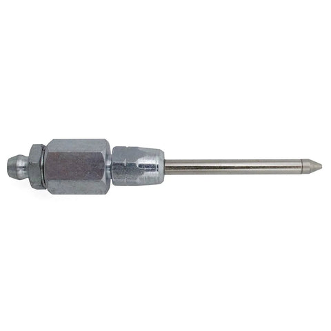 LockNLube Narrow Needle Dispenser, side view, metal tool with hex nut and long needle