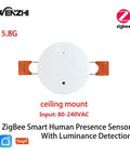 Zigbee 5.8GHz MmWave Presence Sensor With Luminance And Distance Detection, Ceiling Mount, 110 To 220V, Smart Home Hub Compatible