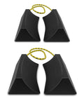 Dual Wheel Chocks Set With High Traction Ribs And Nylon Rope Non Slip Wheel Blocks With Yellow Reflective Tape For Lightweight Travel Trailer And Cars Trucks Tractors Lawnmowers Two Pairs Black And Yellow showing paired black wheel chocks with ropes and reflective tape.