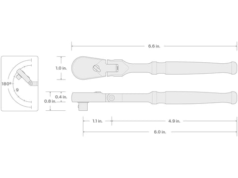 Technical diagram of 3/8 Inch Drive 6 Inch Flex Head Ratchet with Small Body Non Quick Release Built On 1/4 Inch Drive Body For Tight Spaces.