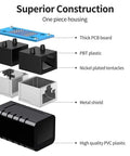 Diagram of RJ45 Female To Female Ethernet Coupler components, showing thick PCB, PBT plastic, nickel plating, metal shield, PVC housing.
