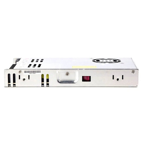 Side view of Rock Solid 350 Watt 5 Volt 60 Amp Single Output Industrial Dc Power Supply with metal casing and switch.
