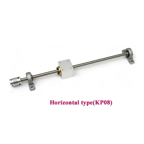 Horizontal KP08 T8 Lead Screw Set for 3D Printers and CNC Machines shown in aluminum with 2mm pitch, 8mm lead.