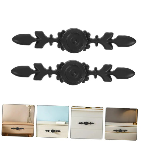 Two black aluminum alloy cabinet pull handles, vintage style, single hole, shown with four installation examples. Four Pack Vintage Style Cabinet Pull Handles Set, Single Hole Drawer Knobs, Black Aluminum Alloy Hardware For Cabinets Doors And Furniture, Durable Metal Knobs, Easy To Install, Old School Look And Solid Build.