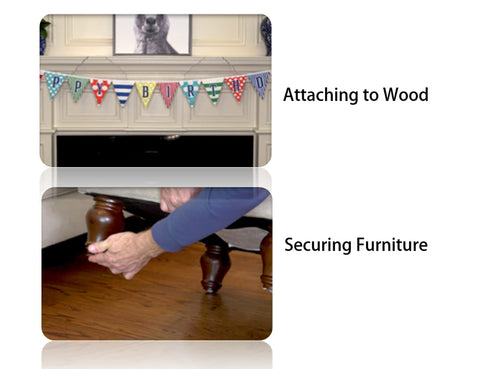 Heavy Duty Double Sided Nano Tape Clear Adhesive attaching to wood and securing furniture demonstrated