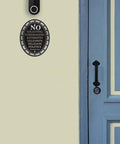 No Soliciting Sign Aluminum Six By Four Point Seven Inch Self Adhesive Metal Door Sign For Front Door Home And Business No Soliciting Religion Fundraising Estimates Salesmen oval black sign on wall beside blue door