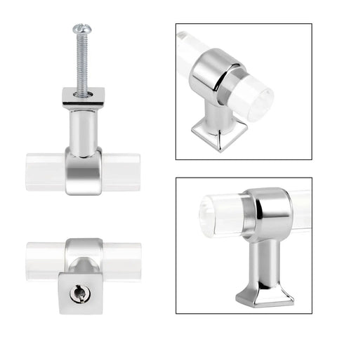 Five Pack Clear Acrylic Cabinet Handles With Single Hole Design Polished Chrome Zinc Alloy Drawer Pulls For Kitchen Cabinets And Furniture Easy Grip Knobs To Upgrade Your Kitchen Game With A Modern Sleek Look; close-up and side views of polished chrome and clear acrylic handles.