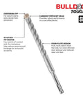 Bulldog Tough SDS-Plus rotary hammer bit, front view, 1/2 in. x 8 in., carbide-tipped with four-flute design