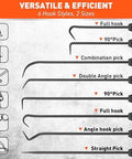 Front view of HORUSDY 8-piece automotive hook and pick set with ergonomic black handles for oil seals and O-rings.